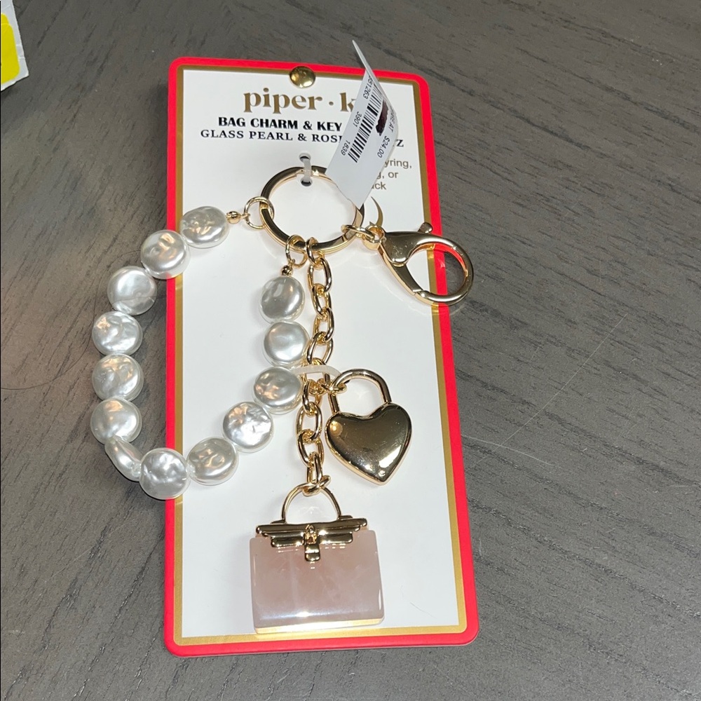 Gold and Pearl Bag Charm with Heart Charm